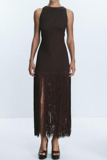 sexy slight stretch crew neck tassels decor hollow maxi dress