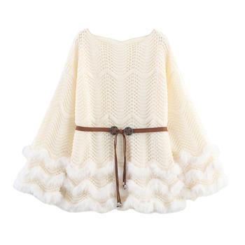 casual slight stretch ribbed knit crew neck fuzzy decor with belt mini dress