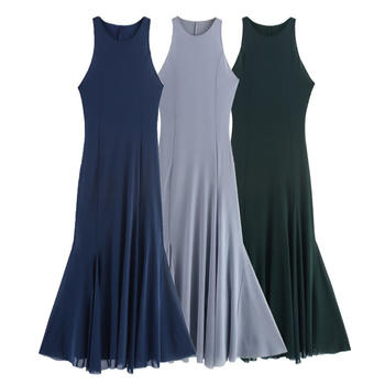 casual slight stretch 3 colors crew neck maxi dress