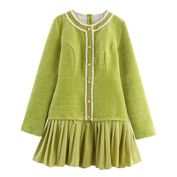 casual non-stretch crew neck button pleated mini dress