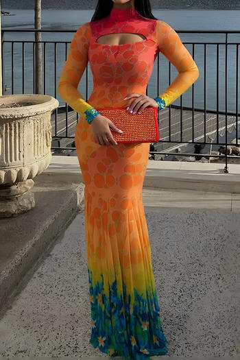 sexy slight stretch bubble batch printing hollow maxi dress