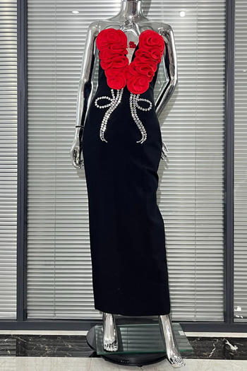 elegant slight stretch tube top rhinestone flower decor slim fit slit maxi dress