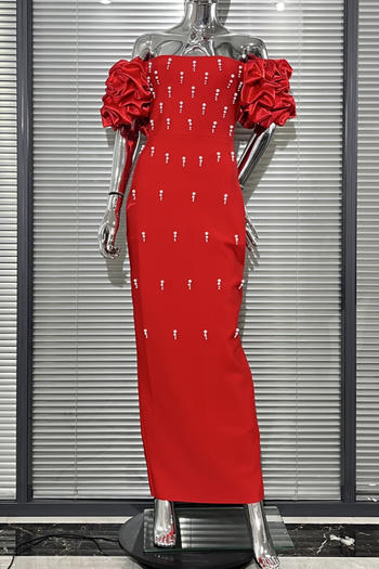 elegant slight stretch high quality pearl decor pleated sleeve slit maxi dress