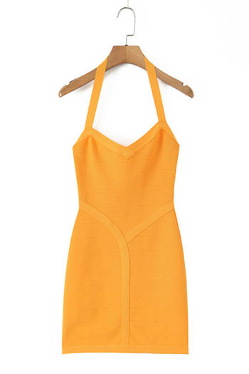 casual slight stretch solid color halter-neck slim mini dress