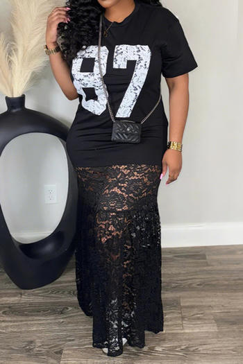 casual plus size slight stretch printed see-through lace stitching maxi dress