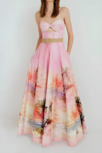 stylish french slight stretch graphic print hollow with lined belt maxi dress