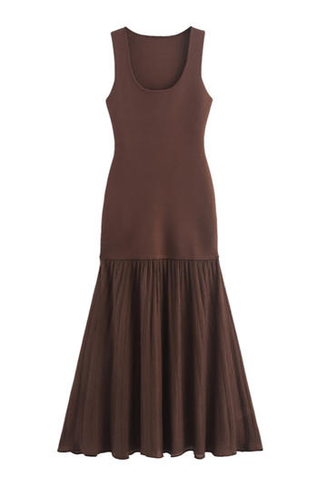 casual slight stretch crew neck solid color sleeveless pleated maxi dress