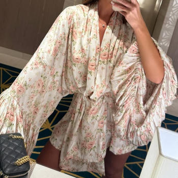 casual non-stretch v-neck flower batch printing with belt mini dress