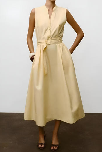 casual non-stretch v-neck solid color sleeveless midi dress