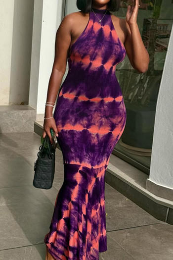 casual slight stretch sleeveless slim fit batch printing mermaid maxi dress