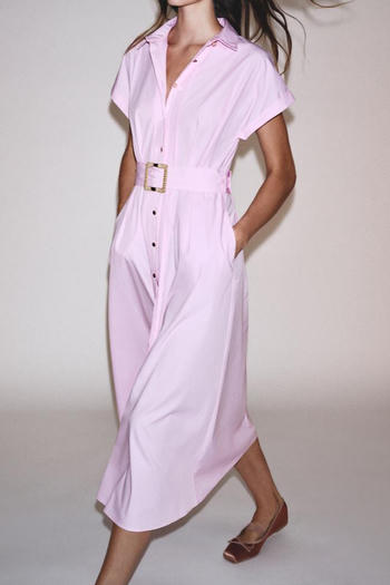 casual non-stretch lapel solid color with belt button midi dress