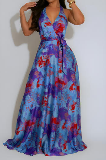 sexy plus size slight stretch tie-dye printed large backless satin maxi dress