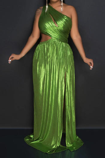 sexy plus size non-stretch pleated one-shoulder hollow slit maxi dress