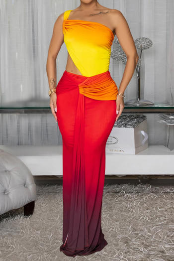 sexy plus size slight stretch gradient one-shoulder hollow maxi dress