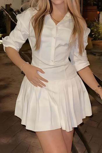 casual non-stretch lapel solid color pleated mini dress