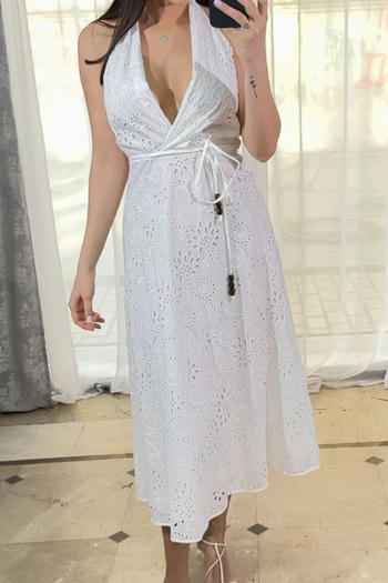 casual non-stretch halter-neck lace-up solid color midi dress