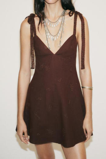 sexy non-stretch flower embroidery lace-up v-neck mini dress