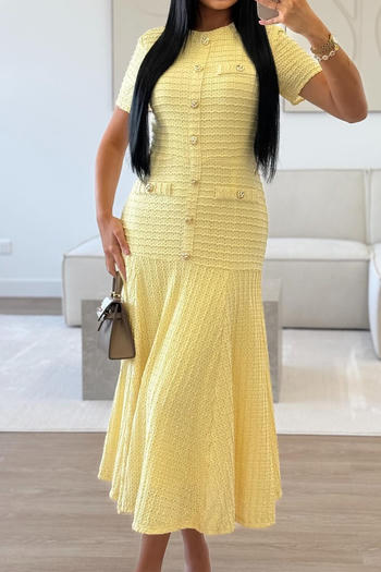 casual slight stretch 4 colors crew neck button midi dress