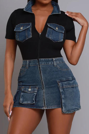casual plus size slight stretch multi-pocket tight denim patchwork mini dress
