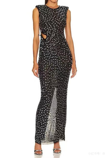 sexy slight stretch high quality slim mesh rhinestone hollow decor maxi dress