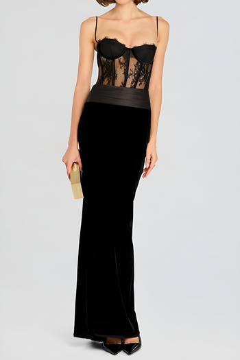 sexy slight stretch sling slim fit lace velvet patchwork high quality maxi dress