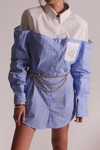 stylish non stretch color-block striped fake two piece mini dress(without belt)