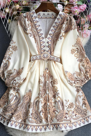 casual non-stretch v-neck printed lantern sleeve mini dress with belt
