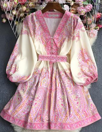 casual non-stretch v-neck printed lantern sleeve mini dress with belt #1