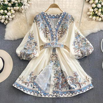 casual non-stretch v-neck printed lantern sleeve mini dress with belt #2