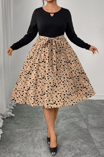 casual plus size slight stretch leopard print patchwork midi dress with belt