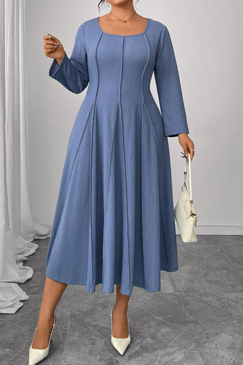casual plus size slight stretch solid color long sleeve midi dress