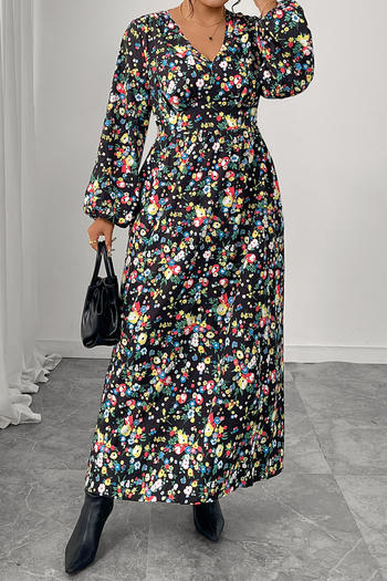 casual plus size non-stretch floral batch printing long sleeves maxi dress