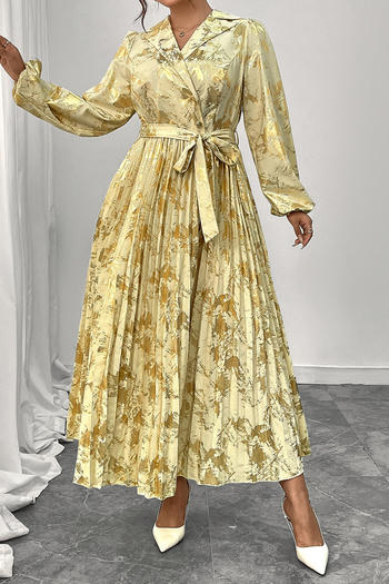 casual plus size non-stretch printed pleated maxi dress with belt