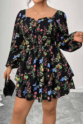 casual plus size non-stretch floral batch printing  long sleeve mini dress