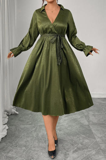 casual plus size non-stretch printed v-neck long-sleeved midi dress with belt