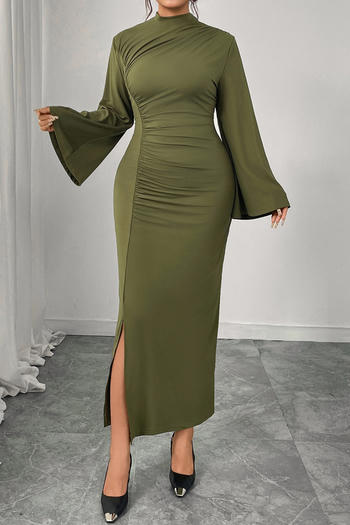 casual plus size slight stretch solid color  pleated slit flared sleeves maxi dress