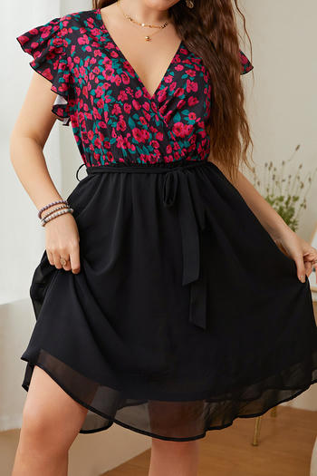 casual plus size non-stretch patchwork floral print midi dress with belt