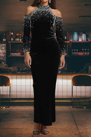 sexy plus size slight stretch rhinestone pearl hollow decor slit maxi dress