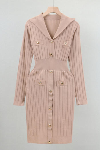 casual slight stretch solid color knitted slim single-breasted midi dress
