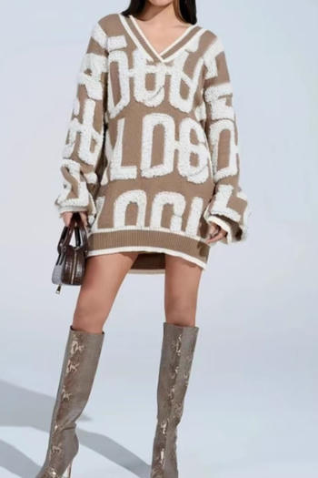 stylish slight stretch letter jacquard knitted v-neck sweater mini dress