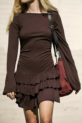 stylish slight stretch pure colour long sleeve cascading ruffle mini dress