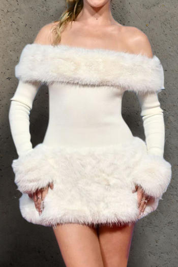 casual slight stretch off-shoulder slim plush patchwork mini dress