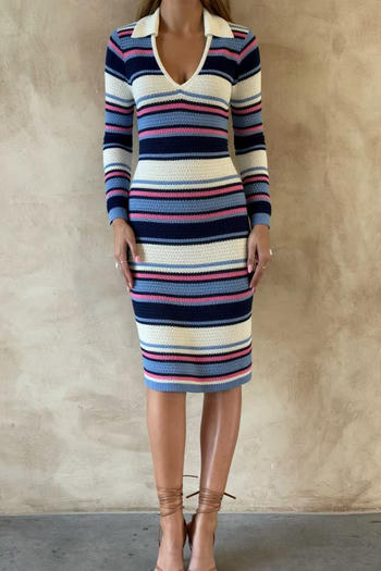 stylish slight stretch stripe knitted v-neck turndown collar midi dress
