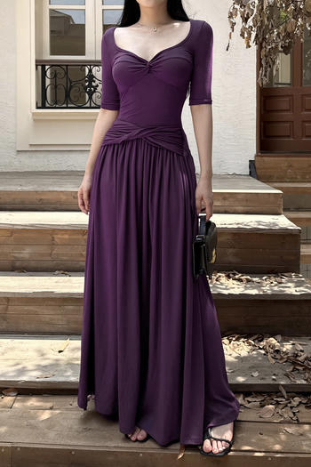 casual slight stretch solid color five-quarter sleeve twist pleated maxi dress