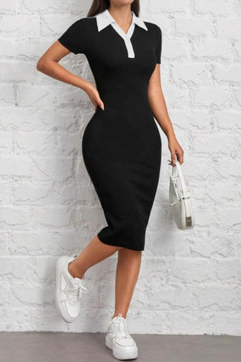 casual slight stretch contrast color lapel button midi dress