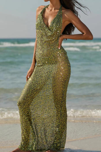 sexy slight stretch backless sequins maxi dress three-piece set new add color