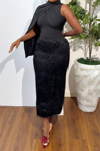 casual plus size slight stretch splicing fuzzy slim slit midi dress