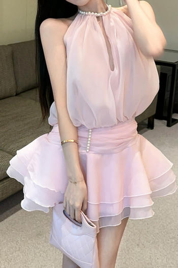 sexy non-stretch chiffon solid color pearl halter neck backless mini dress