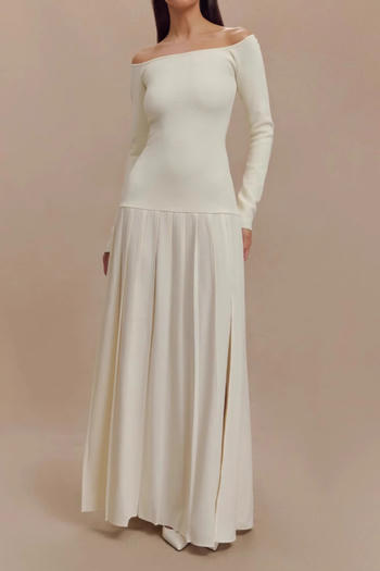 casual slight stretch solid color one-shoulder pleated high-slit maxi dress