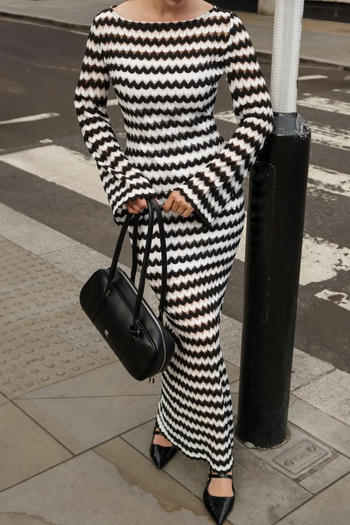 casual slight stretch slim fit striped print slit maxi dress